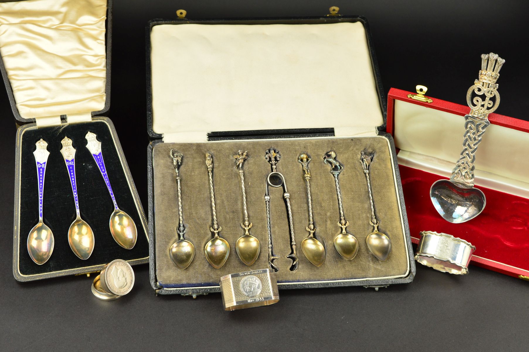 A CASED SET OF THREE GEORGE V, EDWARD VIII AND GEORGE VI SILVER, SILVER GILT AND ENAMEL