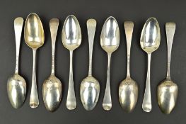 NINE GEORGE III SILVER HANOVERIAN PATTERN TABLESPOONS, comprising a set of four with shell backs,