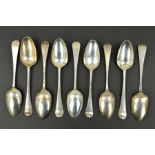 NINE GEORGE III SILVER HANOVERIAN PATTERN TABLESPOONS, comprising a set of four with shell backs,