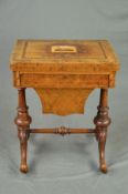 A VICTORIAN BURR WALNUT AND PARQUETRY BANDED FOLD OVER GAMES/SEWING TABLE, the top inlaid with a