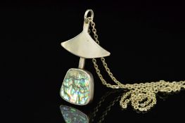 A DANISH ABALONE PENDANT BY BRDR BJERRING, designed as a trapeze shape abalone shell panel suspended