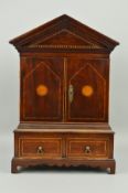 A GEORGE III STYLE MAHOGANY AND INLAID MINIATURE CABINET, of architectural form, the double doors