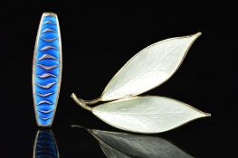 TWO NORWEGIAN ENAMEL BROOCHES BY DAVID ANDERSEN, the first designed as a double leaf brooch in white