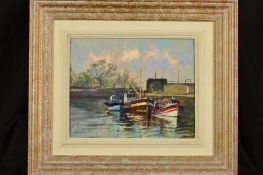 ANDREW KING R.O.I. N.S (1956), 'Honfleur-outer Harbour', fishing boats berthed in harbour with