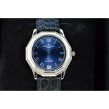 A LATE 20TH CENTURY BAUME AND MERCIER RIVIERA STAINLESS STEEL WRISTWATCH, blue dial with date window