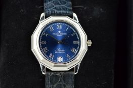 A LATE 20TH CENTURY BAUME AND MERCIER RIVIERA STAINLESS STEEL WRISTWATCH, blue dial with date window