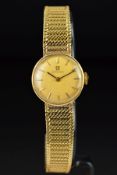 A 9CT GOLD LADIES OMEGA WRISTWATCH, round dial measuring 19.0mm in diameter, gold dial signed Omega,