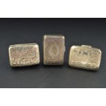 THREE GEORGE III/WILLIAM IV SMALL SILVER RECTANGULAR VINAIGRETTES, all three with foliate engraved