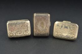 THREE GEORGE III/WILLIAM IV SMALL SILVER RECTANGULAR VINAIGRETTES, all three with foliate engraved