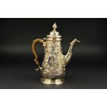 A GEORGE II SILVER COFFEE POT, of baluster form, hinged cover with urn finial, wooden handle, the