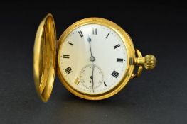 AN EARLY 20TH CENTURY 18CT GOLD FULL HUNTER POCKET WATCH, unsigned white enamel dial, with a