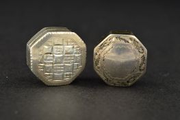 TWO GEORGE III SILVER VINAIGRETTES, of octagonal form, one with deep lattice engraved decoration