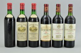 SIX BOTTLES OF MARGAUX, comprising three bottles of Chateau Lascombes Grande Cru Classe 1981 and