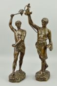 AFTER GEORGE CHARLES COUDRAY (FRENCH 1862-1932), a pair of bronze figures of men, one holding