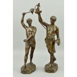 AFTER GEORGE CHARLES COUDRAY (FRENCH 1862-1932), a pair of bronze figures of men, one holding