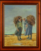 BERNARD BYRNE (IRISH 20TH CENTURY), 'Seaweed Gatherers', two female figures with bales of seaweed on