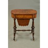 A VICTORIAN WALNUT AND BURR WALNUT WORK TABLE, of shaped oval outline, fitted with a drawer with