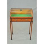 A GEORGE III STYLE MAHOGANY AND ROSEWOOD STAINED DISPLAY CASE, the bowed front with lockable back