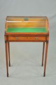 A GEORGE III STYLE MAHOGANY AND ROSEWOOD STAINED DISPLAY CASE, the bowed front with lockable back