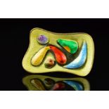 A NORWEGIAN ENAMEL BROOCH BY OYSTEIN BALLE, of curved rectangular outline, embossed with abstract