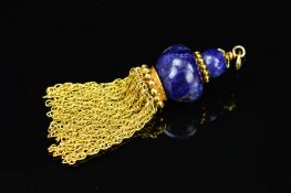 A LATE 20TH CENTURY 9CT GOLD SODALITE MULTI TASSEL PENDANT, two sodalite beads with gold bead work