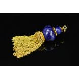 A LATE 20TH CENTURY 9CT GOLD SODALITE MULTI TASSEL PENDANT, two sodalite beads with gold bead work