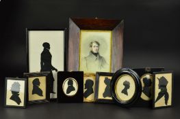 NINE 19TH CENTURY FRAMED SILHOUETTES OF LADIES AND GENTLEMAN, including a pair of wooden framed,