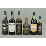 FIVE BOTTLES OF PORT AND A BOTTLE OF MADEIRA, comprising a bottle of Cossart Gordon Bual 5 year old,