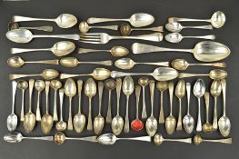 A PARCEL OF 18TH AND 19TH CENTURY OLD ENGLISH PATTERN SILVER FLATWARE, the majority being George III