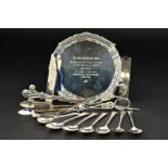 AN ELIZABETH II SILVER CIRCULAR WAITER, gadrooned pie crust border, presentation inscription to