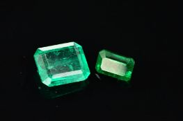 TWO EMERALDS, to include one emerald cut, measuring 9.2mm x 7.93mm, weighing 2.12ct, please note