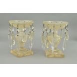 A PAIR OF LATE REGENCY/VICTORIAN CLEAR GLASS LUSTRES, hobnail cut, square foot, each lacking a