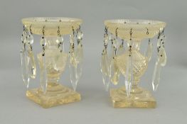 A PAIR OF LATE REGENCY/VICTORIAN CLEAR GLASS LUSTRES, hobnail cut, square foot, each lacking a