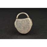 A GEORGE III SILVER NOVELTY VINAIGRETTE, of padlock form, the cover engraved with foliate scrolls