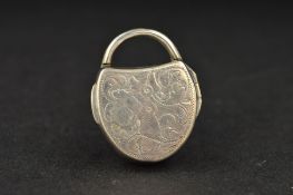 A GEORGE III SILVER NOVELTY VINAIGRETTE, of padlock form, the cover engraved with foliate scrolls