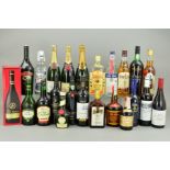 A COLLECTION OF TWENTY THREE BOTTLES OF WINE, CHAMPAGNE, PORT, COGNAC, WHISKY, SHERRY, SPIRITS AND