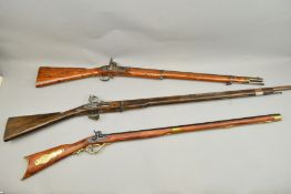 A REPRODUCTION POOR QUALITY FLINTLOCK MUSKET, a poor quality percussion copy of a Kentucky rifle and