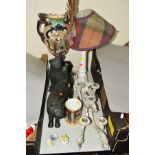 A TABLE LAMP WITH SHADE MADE OFTARTAN FABRIC AND FEATHERS, a twin handled pedestal vase (sd), a pair