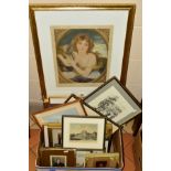 A BOX AND LOOSE PICTURES AND PRINTS ETC, to include two signed Mezzotint prints by Walter Alfred Cox