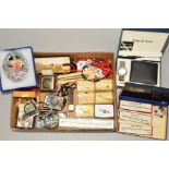 A BOX OF MAINLY COSTUME JEWELLERY, to include three pairs of stud earrings with hallmarks or marks