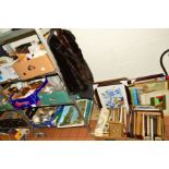 SEVEN BOXES AND LOOSE CERAMICS, GLASS, PICTURES ETC, to include an Astraka jacket, hat, handbags,
