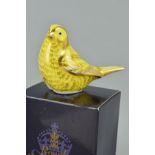 A BOXED ROYAL CROWN DERBY PAPERWEIGHT, 'Canary', gold stopper