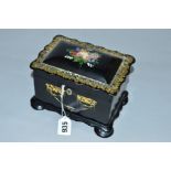 A VICTORIAN PAPER MACHE AND LACQUERED BOX, mother of pearl inlay and gilt decoration, fitted