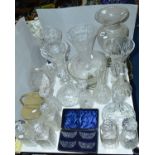 VARIOUS CUT GLASSWARE ETC, to include decanters, vases, pedestal bowl, baskets (one with metal