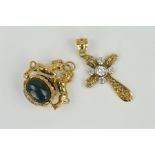 A 9CT GOLD PENDANT AND SWIVEL FOB, the cross pendant set with five central cubic zirconias, the
