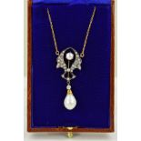 A DIAMOND AND CULTURED PEARL NECKLACE, of openwork, abstract double wing design set with brilliant