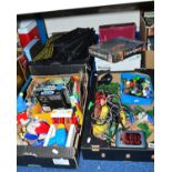 FOUR BOXES AND LOOSE GAMES, BOOKS, TOYS etc to include a collection of marbles, 'First Quest' from