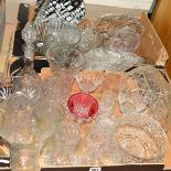 TWO BOXES OF GLASSWARES, to include cut/etched glass vases, bowls etc