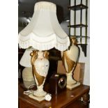 A MODERN CERAMIC GREEK STYLE TABLE LAMP, a matching glass topped occasional table, another table