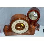 TWO MANTEL CLOCKS, to include an inlaid balloon shaped clock (battery) and Smiths Westminster chimes